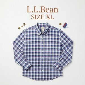 LL Bean Wrinkle Free 100% Cotton Shirt Mens XL Blue Plaid Preppy Workwear